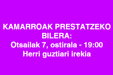 bakaiku_info's tweet photo. KAMARROAK: OTSAILAK 22

➡️ Hurrengo ostiralean, otsailak 7, Kamarroak prestatzeko bilera egingo da auzoan
➡️ 19:00tan
➡️ Herri osoari luzatua. 

Animatu eta parte hartu!

#bakaiku #kamarroak https://t.co/VpgiaS8fu6