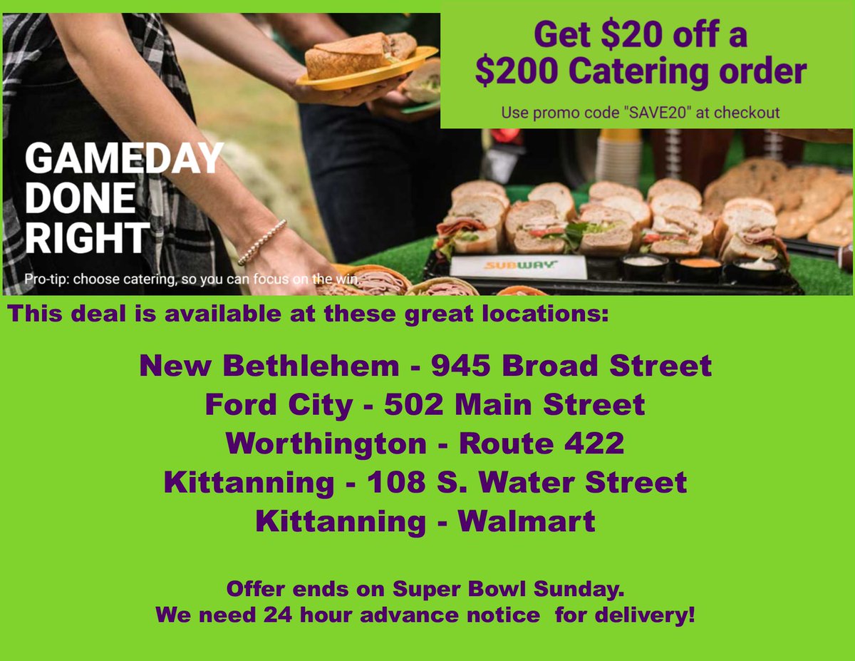 Order a tray of wraps or subs for your Super Bowl Party! We have five locations in Armstrong County! #ArmstrongCountyPA #EatFresh #SuperBowlSunday #NewBethlehemPA #KittanningPA #FordCityPA #WorthingtonPA #EasyPeasy