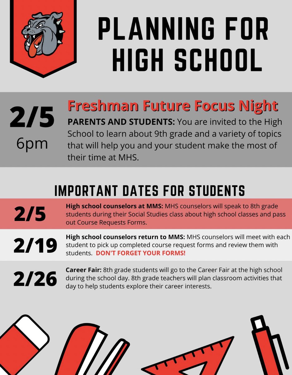 8th graders and parents: put these dates on your calendars. Time to get excited for HS and beyond! Career Fair is one of my favorite things we do in the middle school.