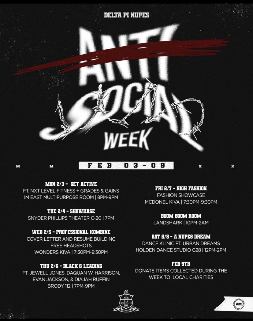 dpinupes's tweet photo. The Nupes’ takeover kontinues
THEE DELTA PI Chapter presents ❌ANTIsocial Week❌PSA: We will also be collecting items throughout our week to donate to local charities i.e. Nonperishables, Self-care products, old clothes/shoes, etc. Collection will stop and be donated on Sunday. https://t.co/eiep7gzA3u