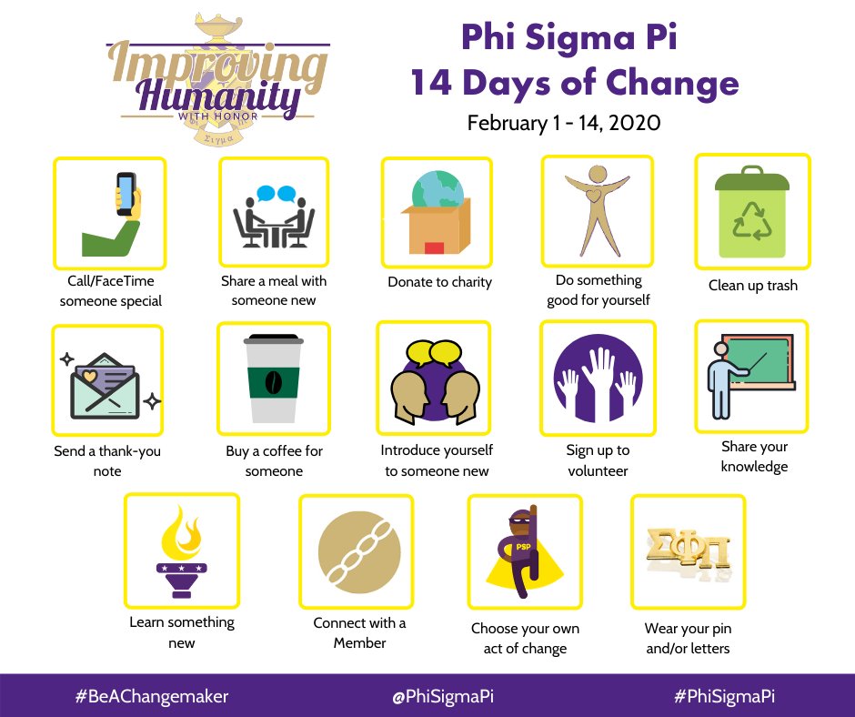 phisigmapi's tweet photo. On Friday, February 14, the Fraternity will be celebrating our 104th Founders Day. To recognize our founding, we are excited to launch the "14 Days of Change" challenge. Learn more at https://t.co/FvRREgpTPD. https://t.co/ltCYQ5BQDd