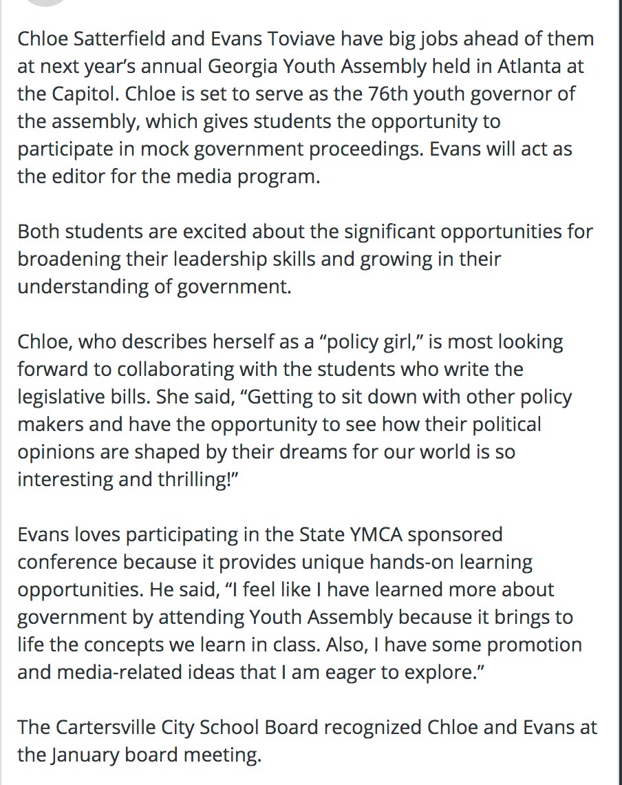 Cartersville Schools on Twitter "Chloe Satterfield and Evans Toviave