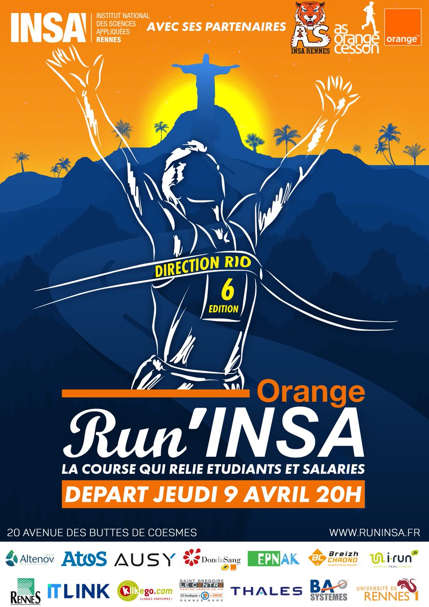 RunINSA_'s tweet photo. 👉 La Run'INSA Orange approche à vive allure !

En attendant, voici l’affiche officielle de cette 6ème édition ! Direction Rio cette année ! 🇧🇷 https://t.co/g8U2z55pGB