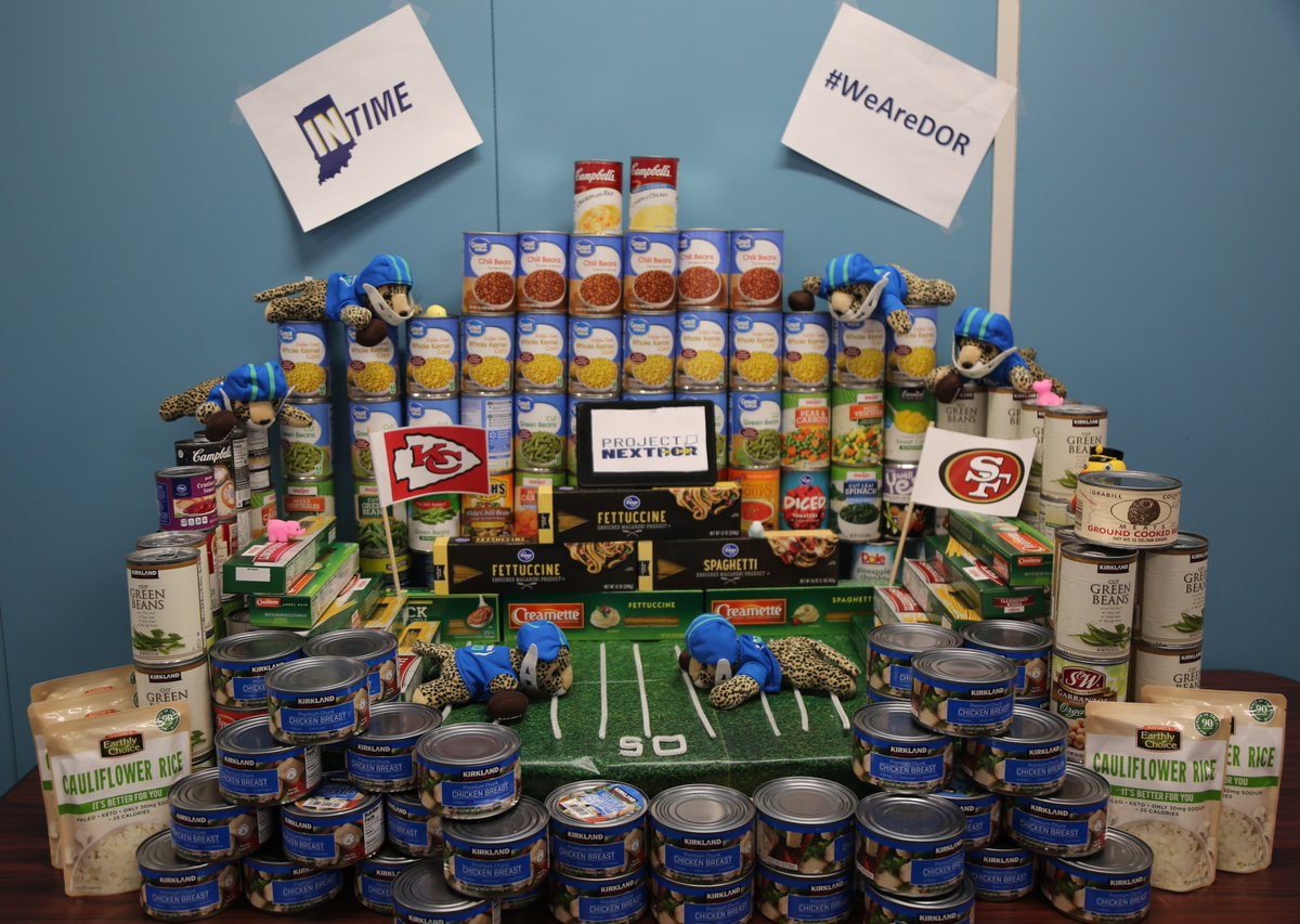 INRevenue's tweet photo. #INDOR’s #ProjectNextDOR team constructed this structure for the 2020 #CanstructionCompetition! All food will be donated to @SecondHelpings, an organization that works to end hunger, reduce waste and empower people in Central Indiana. 🥫🏈🐆Awesome job team! @SOIEmployees https://t.co/2o06XcHRry