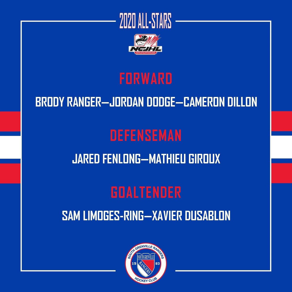 SGRhockey's tweet photo. 🔵🔴⚪SGR All-Stars⚪🔴🔵

Your South Grenville Rangers held a player vote to decide who we would send to this years @NCJHL All-Star Game. https://t.co/IKWpcdCnQX