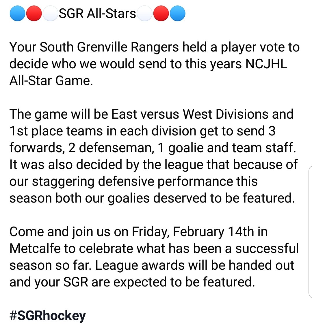 SGRhockey's tweet photo. 🔵🔴⚪SGR All-Stars⚪🔴🔵

Your South Grenville Rangers held a player vote to decide who we would send to this years @NCJHL All-Star Game. https://t.co/IKWpcdCnQX