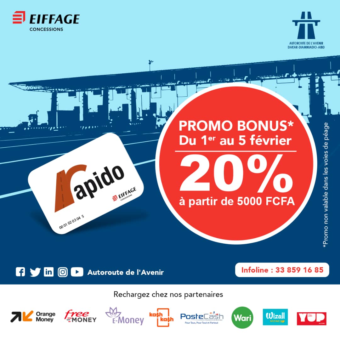 autorouteavenir's tweet photo. 📣 #PromoRapido 💳 Février
Du 1er au 5 Février 2020, 20% de bonus recharge #RAPIDO 💳 à partir de 5000 F CFA !
🎁 #Cambérène, #Thiaroye, #Rufisque, #Toglou & @DKaeroport
🎁 #Orangemoney,@free_senegal,@WizallMoney, #Wari, #YUP, #Postecash, #EMoney & #KashKash !
#Kebetu #Sénégal https://t.co/HrEZD6Xz8n