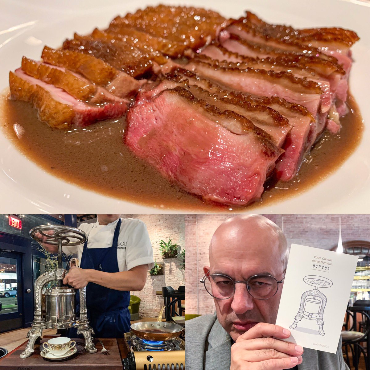 SimonMajumdar's tweet photo. If you have a spare moment, please do check out my latest review for @timeoutla of the excellent Pasjoli. Here I am trying their signature dish, Canard à la Rouennaise à la presse. A welcome return of classic dining to the more casual LA scene.

https://t.co/0fsiko5yDx https://t.co/38pDpDdjEu