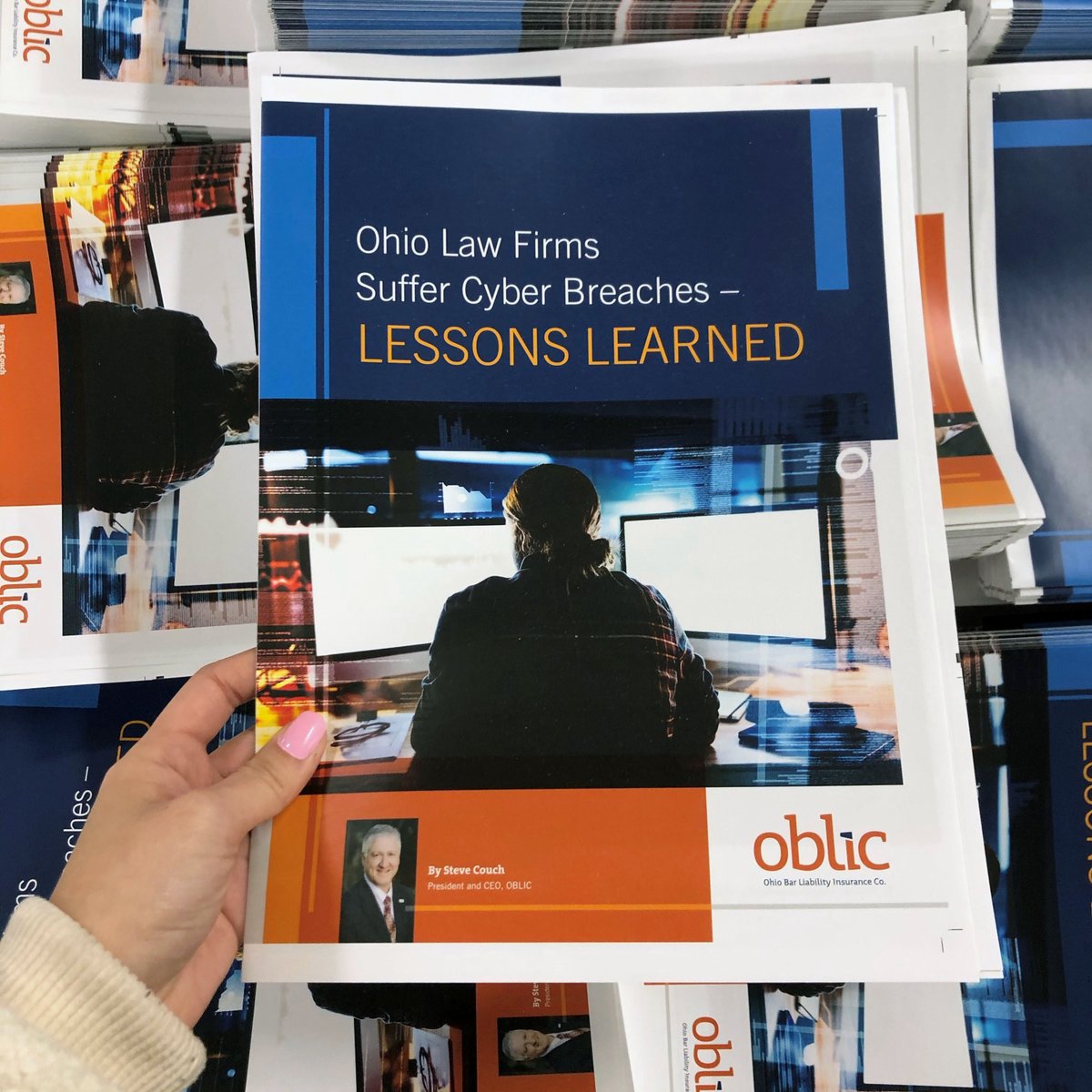 HopkinsPrinting's tweet photo. Sending these over to the #OhioBarLiabilityInsuranceCo! Love the color scheme of these and how they turned out! #Print #OBLIC #Cybersecurity https://t.co/rZj2SLpL0k