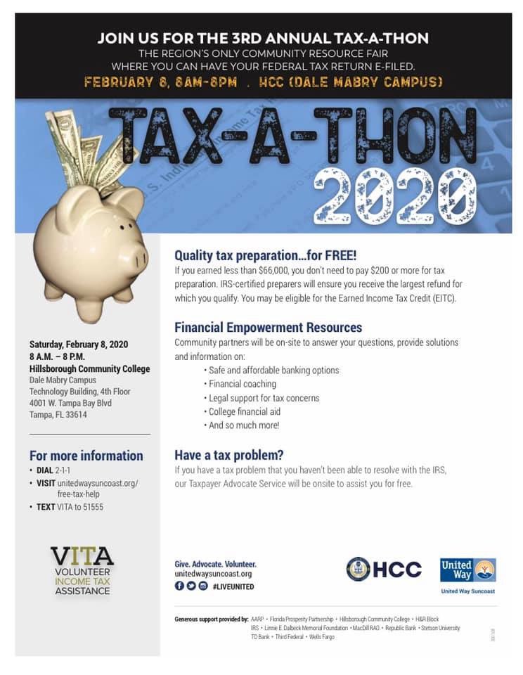 MargieMouse00's tweet photo. Need your taxes prepared? Our IRS Certified Tax Preparers will be available during our 3rd Annual Tax-a-thon on Saturday, February 8th at Hillsborough Community College from 8a - 8p. #vita2020 #freetaxprep #eitcawarenessday #taxathon2020 https://t.co/srLow2BGba