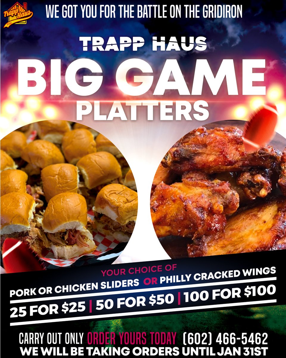 TODAY WILL BE THE LAST DAY TO ORDER YOUR BIG GAME PLATTER
#philthegrill #trapphausbbq #greatfood #bbqporn #bbqsmoker #bbqlovers #bbqnation #bbqmaster #BBQ