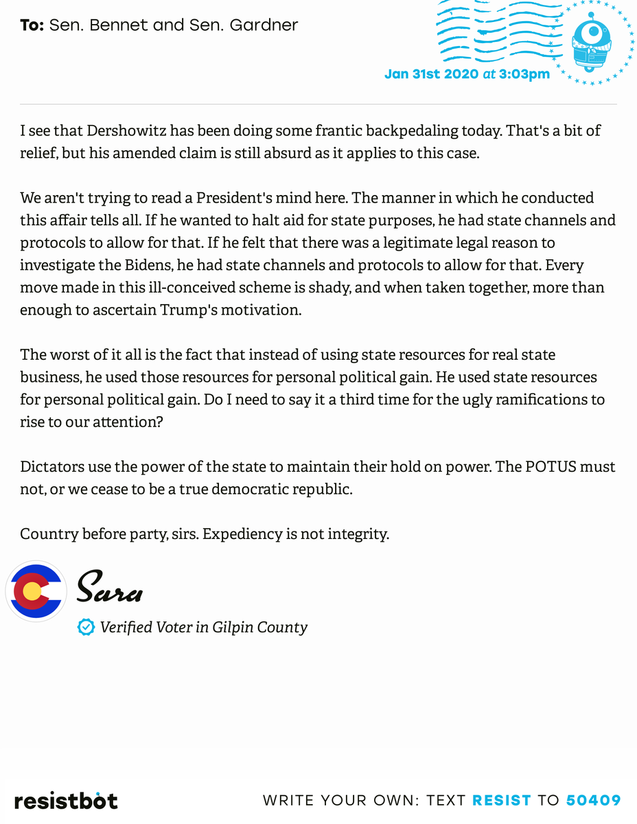 openletterbot's tweet photo. I just delivered this letter from Sara in Black Hawk, Colo. to @SenatorBennet and @SenCoryGardner #CO02 #COpolitics https://t.co/FUcBTeiUd8