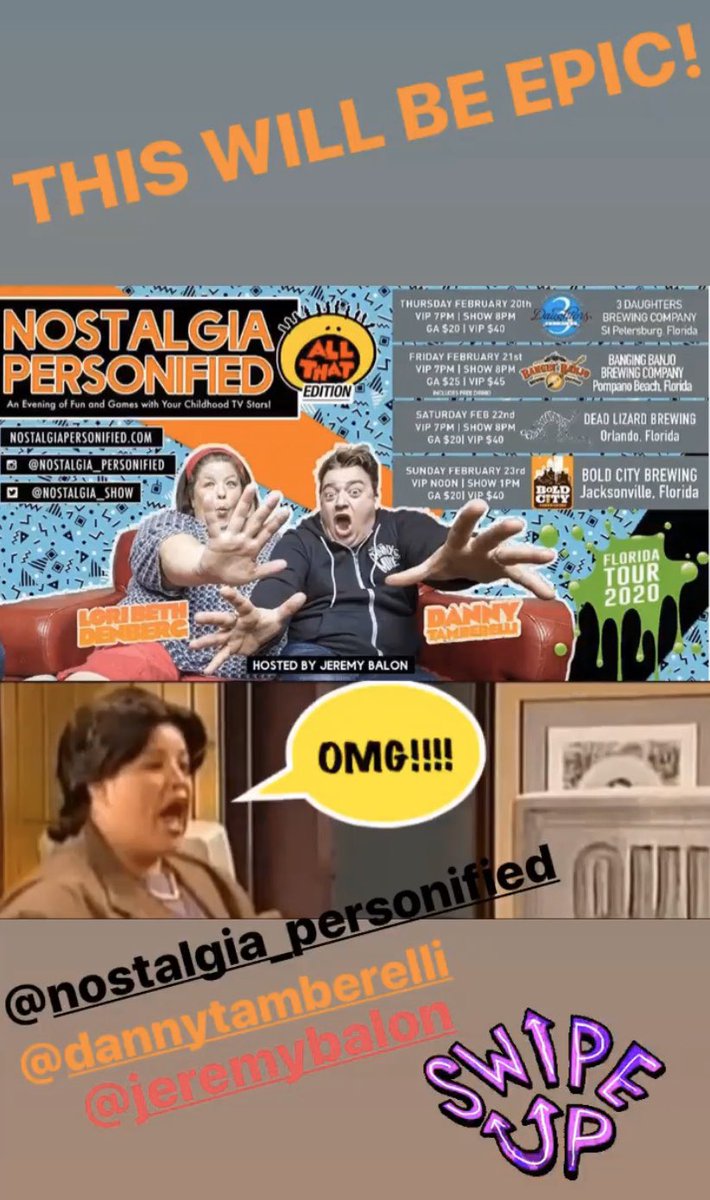 FLORIDA! I’m coming back and I can’t wait to see you! See me make fun of <a href="/dtamberelli/">Danny Tamberelli</a> and relive the youth you thought you’d lost because now you have a job. <a href="/NostalgiaShow/">Nostalgia Personified</a>