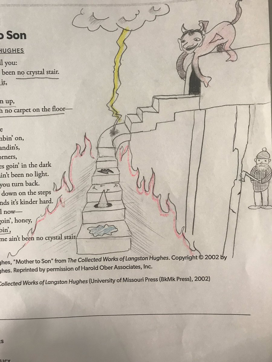 Jacque_Bayless's tweet photo. Ss created a visual for Langston Hughes’ poem “Mother to Son”. I can get as much data from this as I could from their writings. Love giving Ss options and flexibility to showcase their learning. #AHSchools #LearnwithBayless #whyIteach https://t.co/fk3SKaXgAN