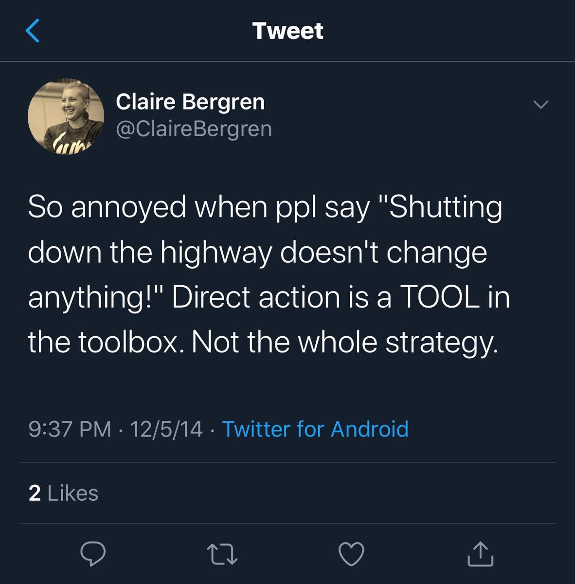 Here is more support for political violence from Ilhan Omar’s new campaign manager,  @ClaireBergren. Including the occasionally deadly act of shutting down highways -- which Bergren appears to have participated in.(4/x)