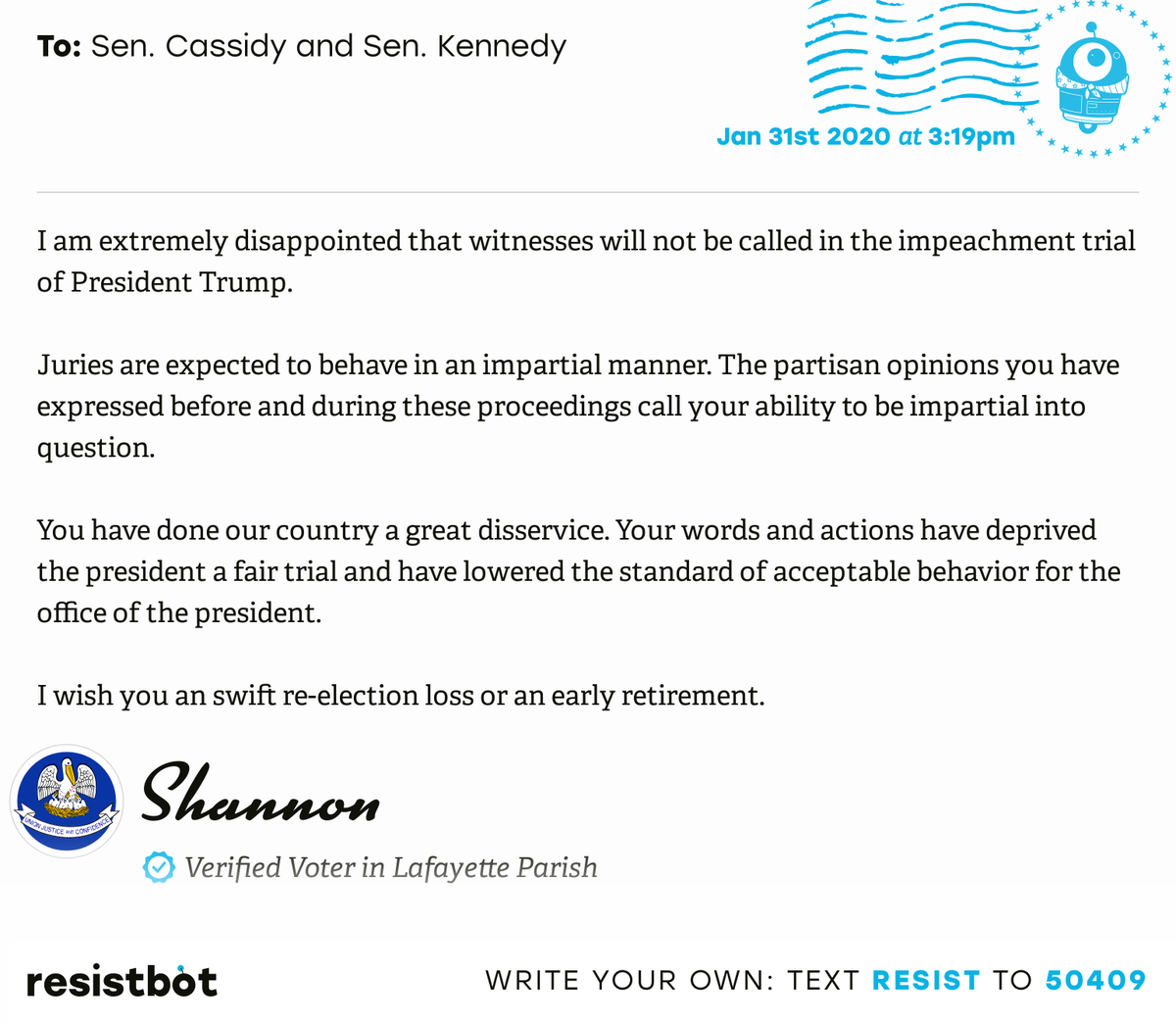 openletterbot's tweet photo. I just delivered this letter from Shannon in Lafayette, La. to @BillCassidy and @SenJohnKennedy #LA03 #LApol #Impeach https://t.co/sX4rnYYx82