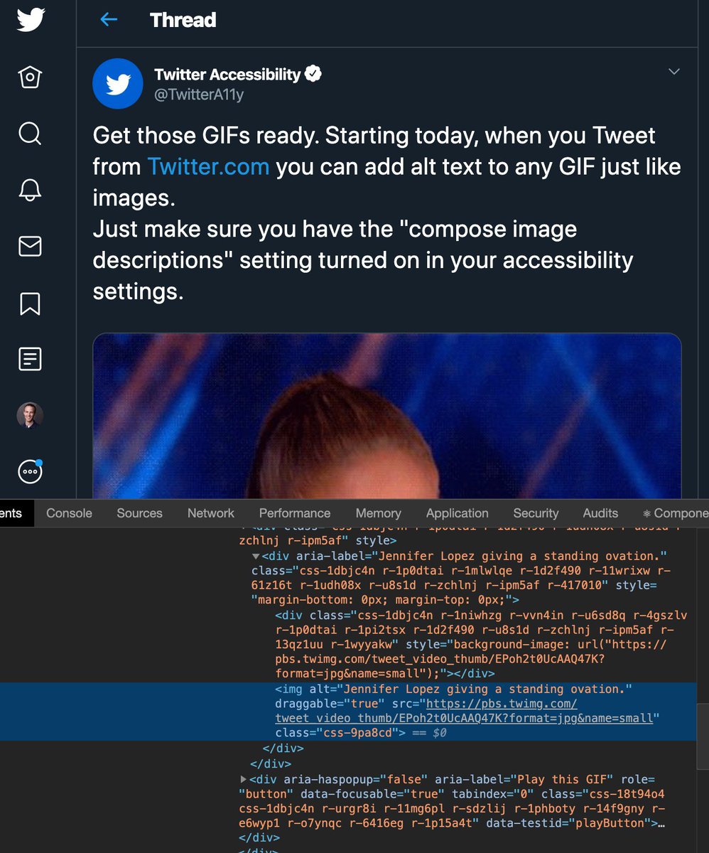 the quoted tweet with devtools open showing the alt text on the gif