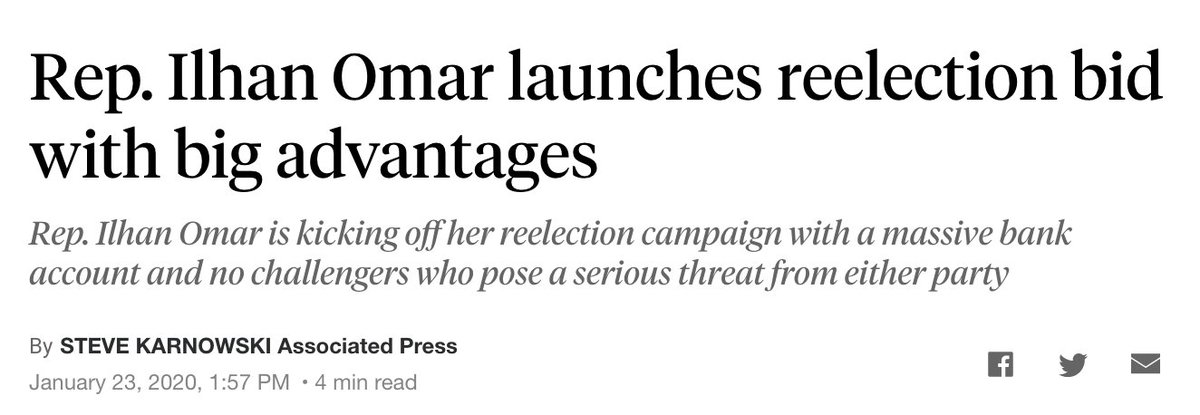 Suppose you vote in  @IlhanMN’s district, and trust MN outlets and the  @AP.Here's their coverage of her 2020 campaign kickoff.Nothing about  @ClaireBergren.And, of course, not a word about Guhaad Hashi’s multiple, explicit threats to me:  http://archive.is/uXFMP (7/x)