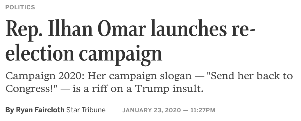 Suppose you vote in  @IlhanMN’s district, and trust MN outlets and the  @AP.Here's their coverage of her 2020 campaign kickoff.Nothing about  @ClaireBergren.And, of course, not a word about Guhaad Hashi’s multiple, explicit threats to me:  http://archive.is/uXFMP (7/x)