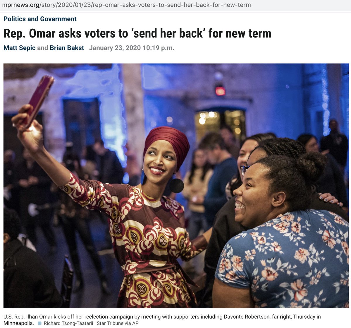 Suppose you vote in  @IlhanMN’s district, and trust MN outlets and the  @AP.Here's their coverage of her 2020 campaign kickoff.Nothing about  @ClaireBergren.And, of course, not a word about Guhaad Hashi’s multiple, explicit threats to me:  http://archive.is/uXFMP (7/x)