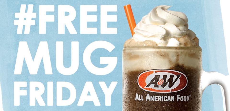The background is light blue. Text on left side of the image reads 'Free Mug Friday' in white. Root Beer Float in an A&W mug is on the right side. 