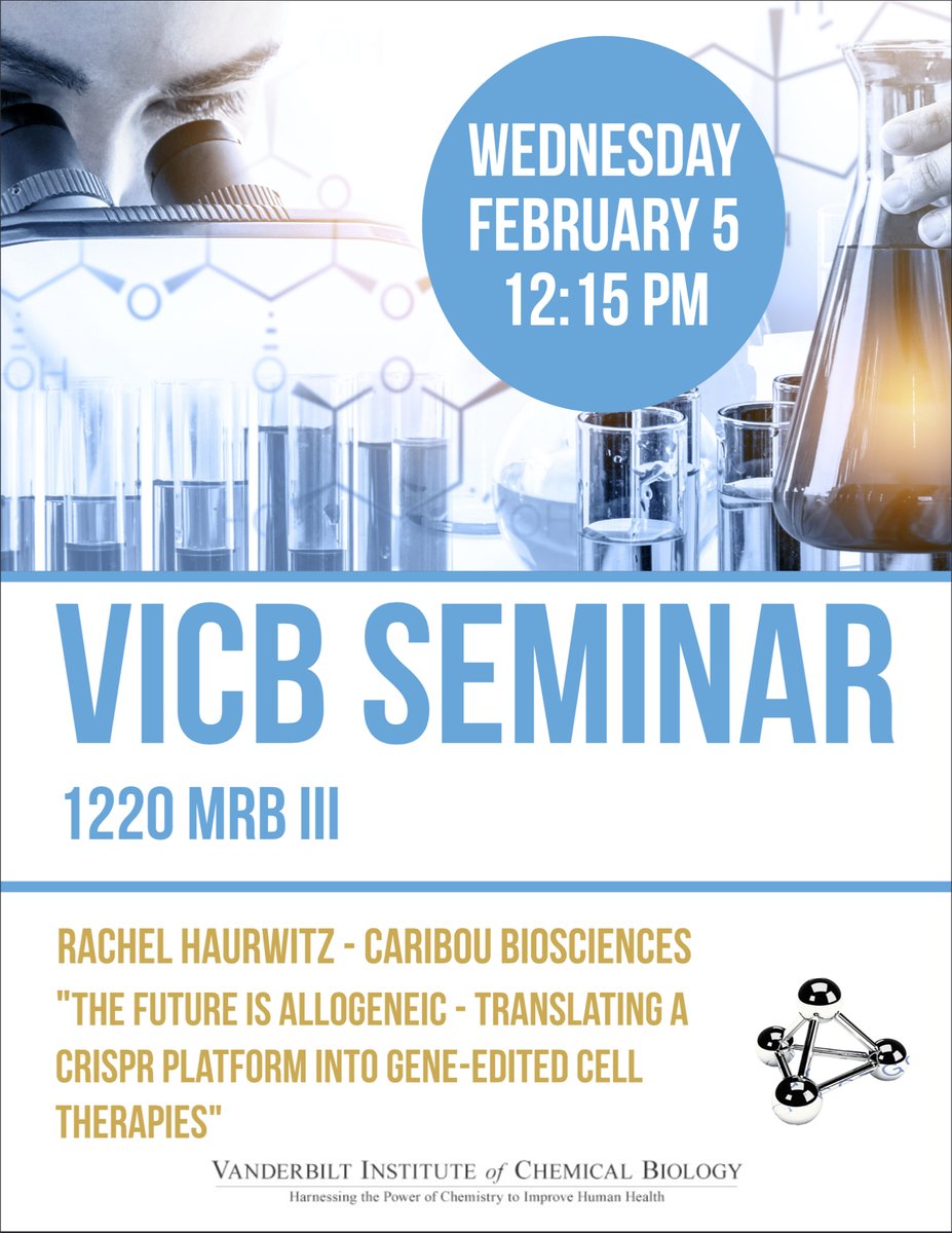 VICB flyer for Haurwitz's talk, "The future is allogenic - translating a CRISPR platform into gene-edited cell therapies." The VICB logo is at the bottom. At the top, an assortment of chemistry-related images, such as a person looking through a microscope, tubes and flasks, and chemical formulas.