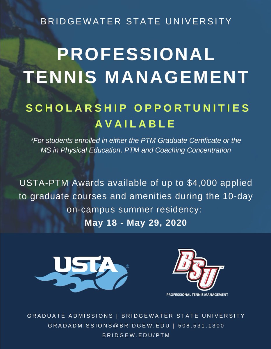 Passionate about tennis? Thinking about applying to graduate school? Want to contribute to the growth of the game in your community and beyond? Check out our graduate programs in Professional Tennis Management! #bsuptm #ustau <a href="/USTANewEngland/">USTA New England</a> <a href="/BridgeStateU/">Bridgewater State University</a> <a href="/bsubears/">Bridgewater State Bears</a>