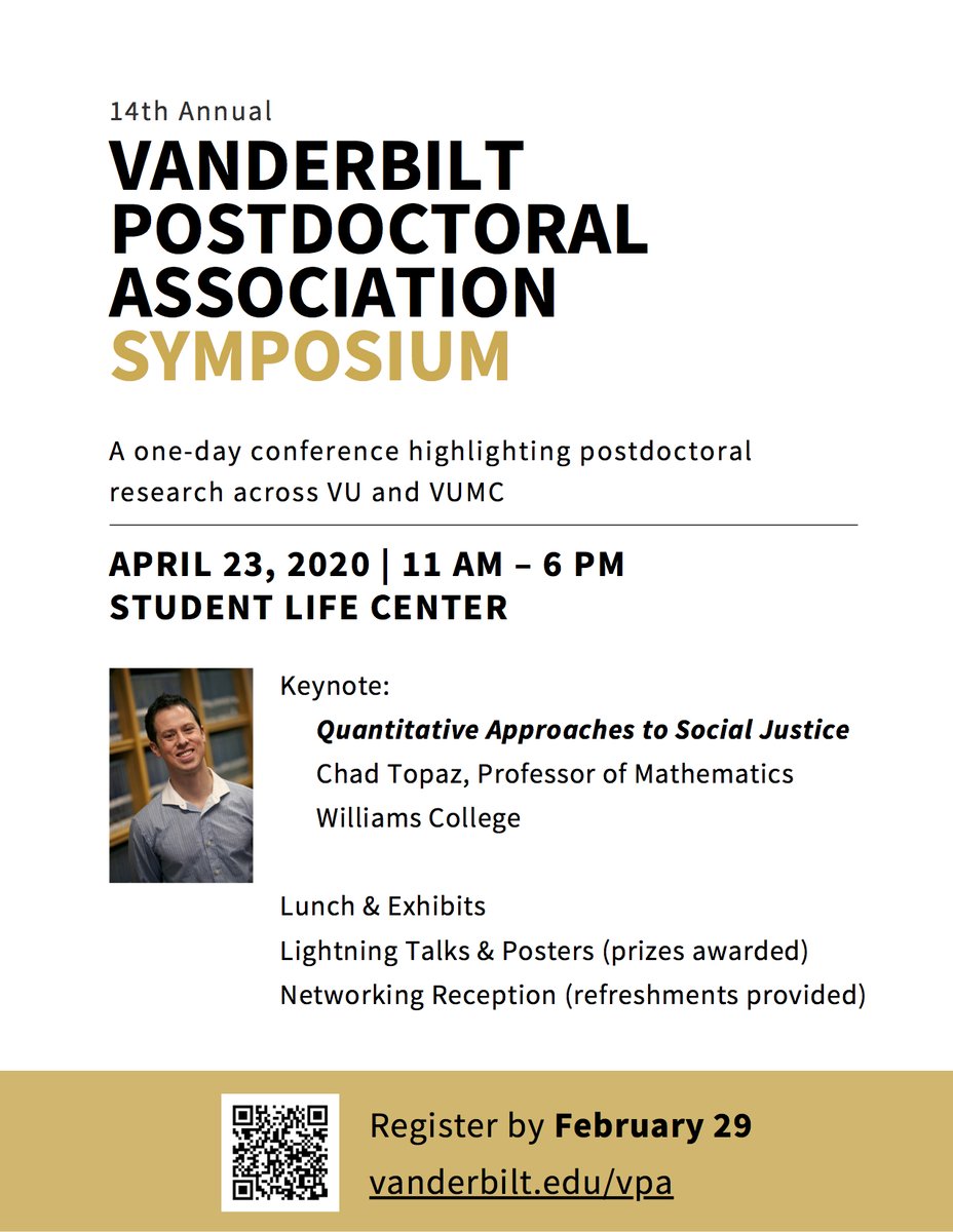 Flyer for the upcoming Vanderbilt Postdoctoral Association Symposium. A photo shows the keynote speaker, Chad Topaz (he's wearing a striped gray shirt with a white collar). A QR code at the bottom links to the registration page.