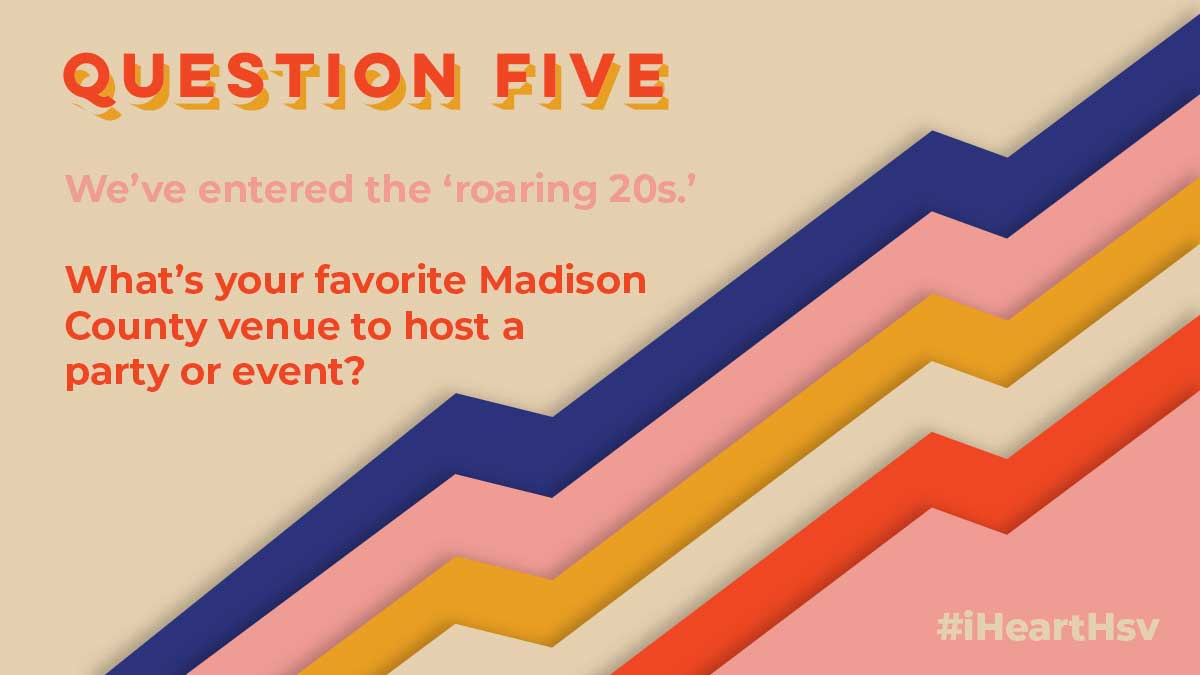 Go2HuntsvilleAL's tweet photo. Q5: We’ve entered the ‘roaring 20s.’ What’s your favorite Madison County venue to host a party or event? #MeetHuntsville #iHeartHsv https://t.co/jKh97gqw2n
