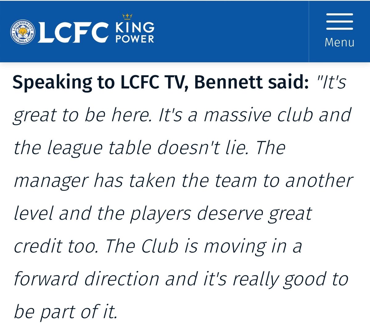 AmericanFoxLCFC's tweet photo. Saying the right things! #WelcomeBennett @ryanbennett_22 @LCFC https://t.co/fcQAMijVlE