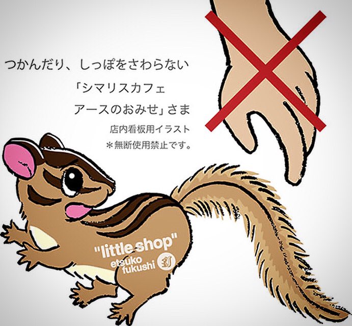 Little Shop 福士 亀戸 シマリスカフェ アースのおみせ Chipmunk Earth さんの注意書き用 イラスト担当 リスとの触れ合いコーナーに入室する前の説明看板 シッポをつかまないという重要事項 シマリスの安全を守る部分に関われて光栄りす リス