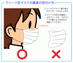 カルパッチョ Yukirhythmatist 医療従事者です それはマスクのメーカーによって違います ひもの表裏はあまり関係ありません 一般的には 下の画像のようにマスクのひだが下向きになるようにつけるのが正解です 逆に付けると 上を向いたひだの隙間