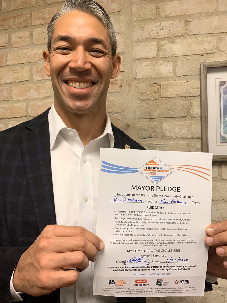 FitCitySA's tweet photo. 👉@Ron_Nirenberg Nirenberg has signed the @ItsTimeTX Community Challenge Mayor’s Pledge earning San Antonio 5,000 points to add to SA’s points total in the statewide challenge! San Antonio is currently in the lead in the Metropolitan City category across the state of Texas! https://t.co/qCpnmP278S
