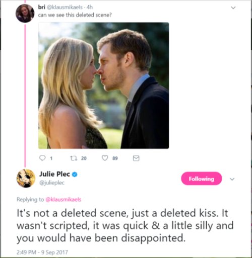 midnightrqinn's tweet photo. someone gotta tell julie before she leaves cw for good to release the klaroline kiss from 4x07 ‘cause she owes us this one?? just saying... https://t.co/s3xgQRABdJ