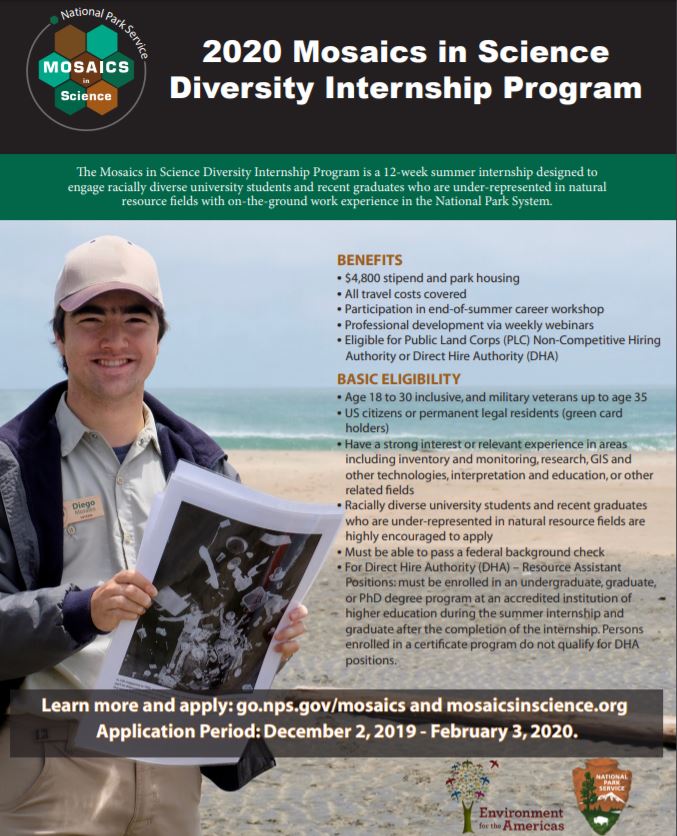 Guy holds flyer, text details Mosaics In Science internship information