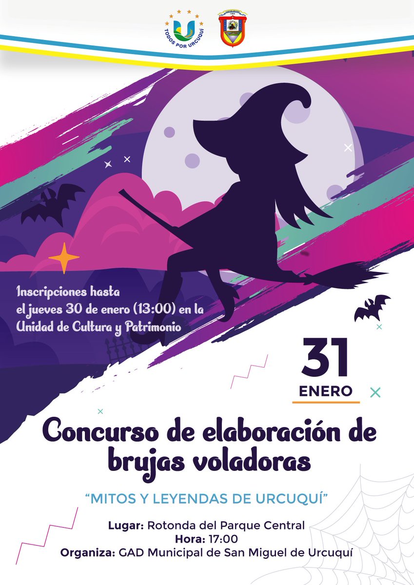 🔵#FiestasUrcuquí2020
El GAD Municipal San Miguel de #Urcuquí hace una cordial invitación a toda la ciudadanía a participar del gran Concurso de Elaboración de Brujas Voladoras, que se llevará a cabo el viernes 31 de enero de 2020, a las 17h:00
#TyroneVegaAlcalde
#TodosPorUrcuquí