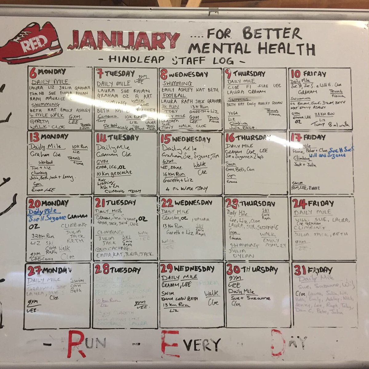 LizEarley's tweet photo. Thanks @redjanuaryuk, you have definitely kept me moving and chirpy this month! Over 200 km ran, some walks, yoga and quick workouts chucked in too. A lot of this has been alongside my ace colleagues- well done guys #teamlondonyouth #rednotblue #bettermentalhealth @mindcharity https://t.co/8Z7tcCOCpa