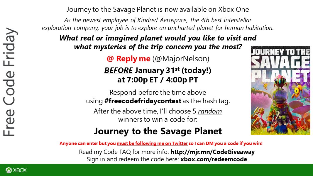 FREE CODE FRIDAY - For a chance to win a code for Journey to the Savage Planet on Xbox One, reply to this tweet with the hashtag #freecodefridaycontest before 7:00p ET / 4:00p PT answering this question: What real or imagined planet would you like to visit and what mysteries of the trip concern you the most?
