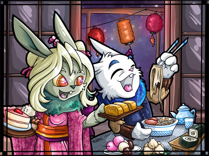 Asphydel's tweet photo. Worlds collide!  My Meridellian royal bun took a trip to Shenkuu to visit my zombeh bun at her noodle house!  Phew, this took a week to do, on and off, haha!  So many details!  
@neopets Thanks for adding it to the art gallery today! #Shenkuu #Meridell #noodles https://t.co/NxRsIcsiEf