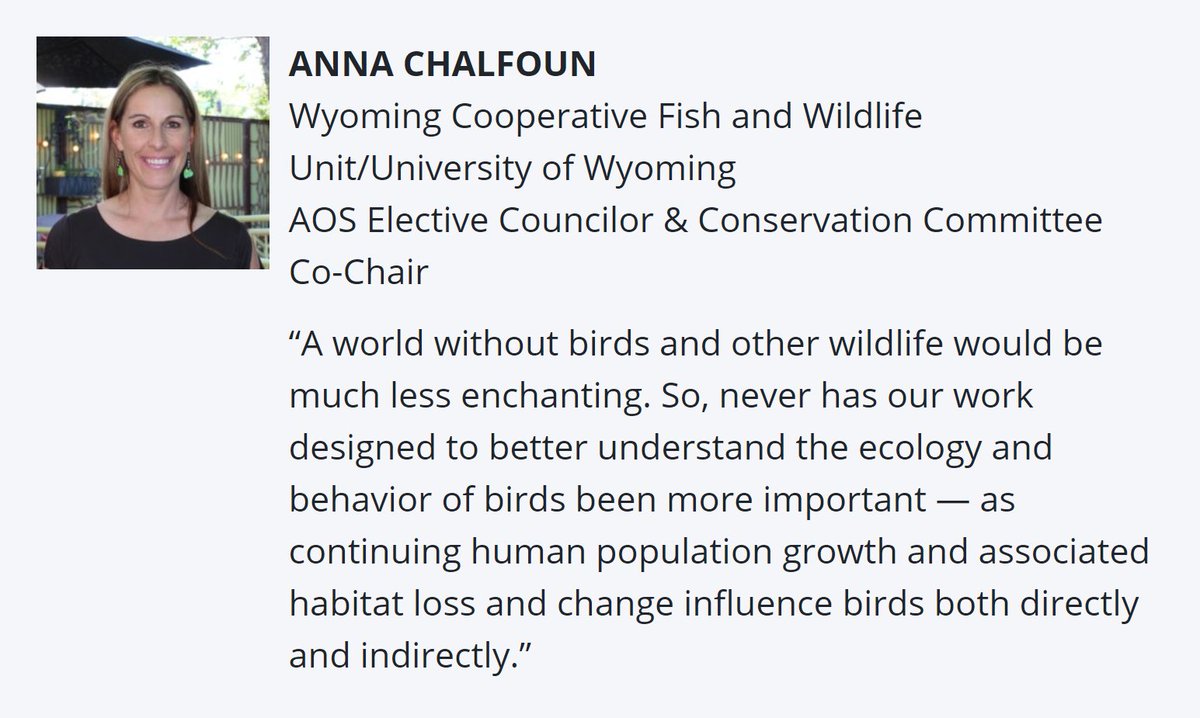 photo of a smiling woman with the text “A world without birds and other wildlife would be much less enchanting. So, never has our work designed to better understand the ecology and behavior of birds been more important — as continuing human population growth and associated habitat loss and change influence birds both directly and indirectly.”