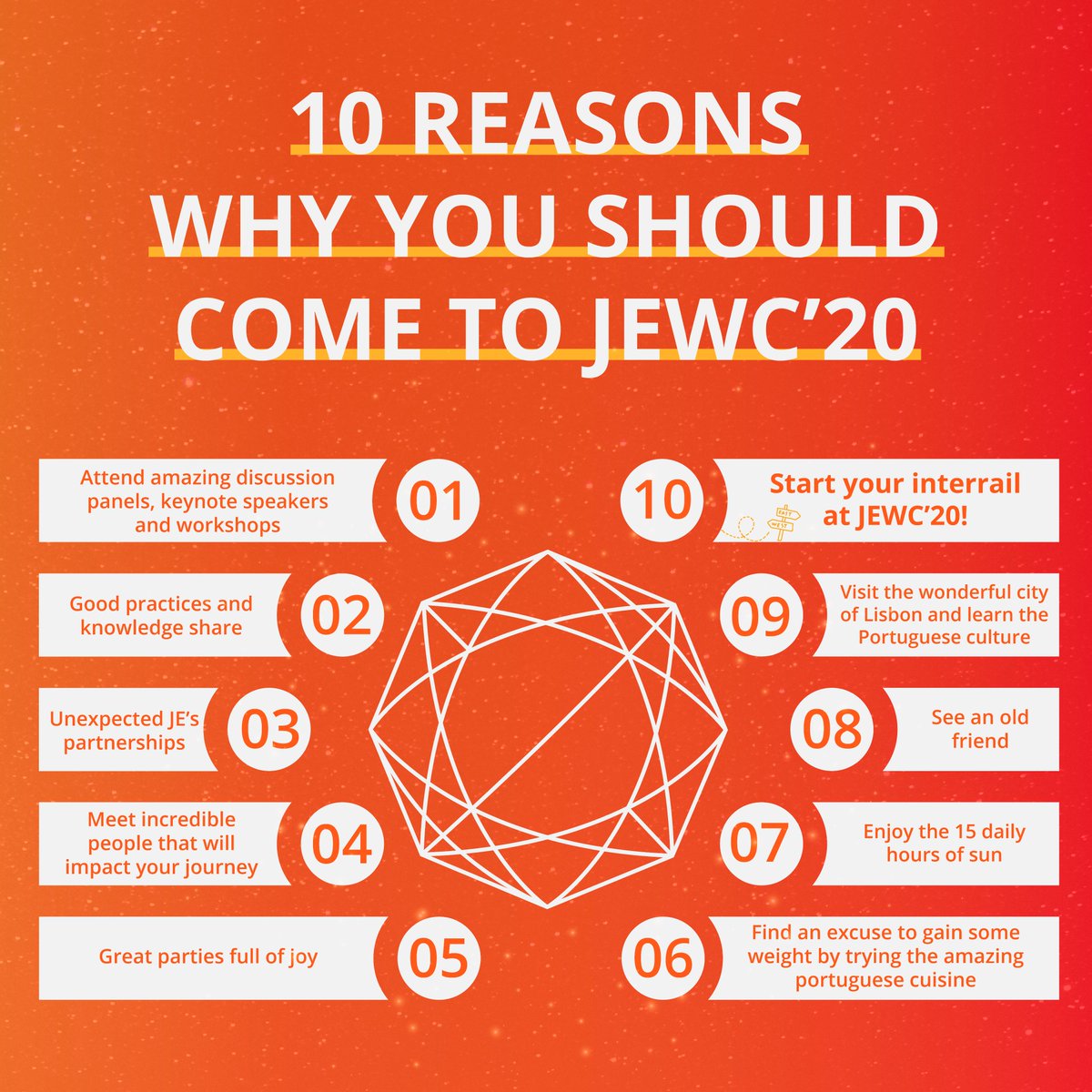 JEWC2021's tweet photo. Don’t you have enough reasons to attend the largest academic entrepreneurship event in the world? Here you can find 10 of the many reasons why you should add JEWC to your 2020 calendar and take your journey as a Junior Entrepreneur to the next level! It’s your #TimeToImpact https://t.co/fftcPXTn9l