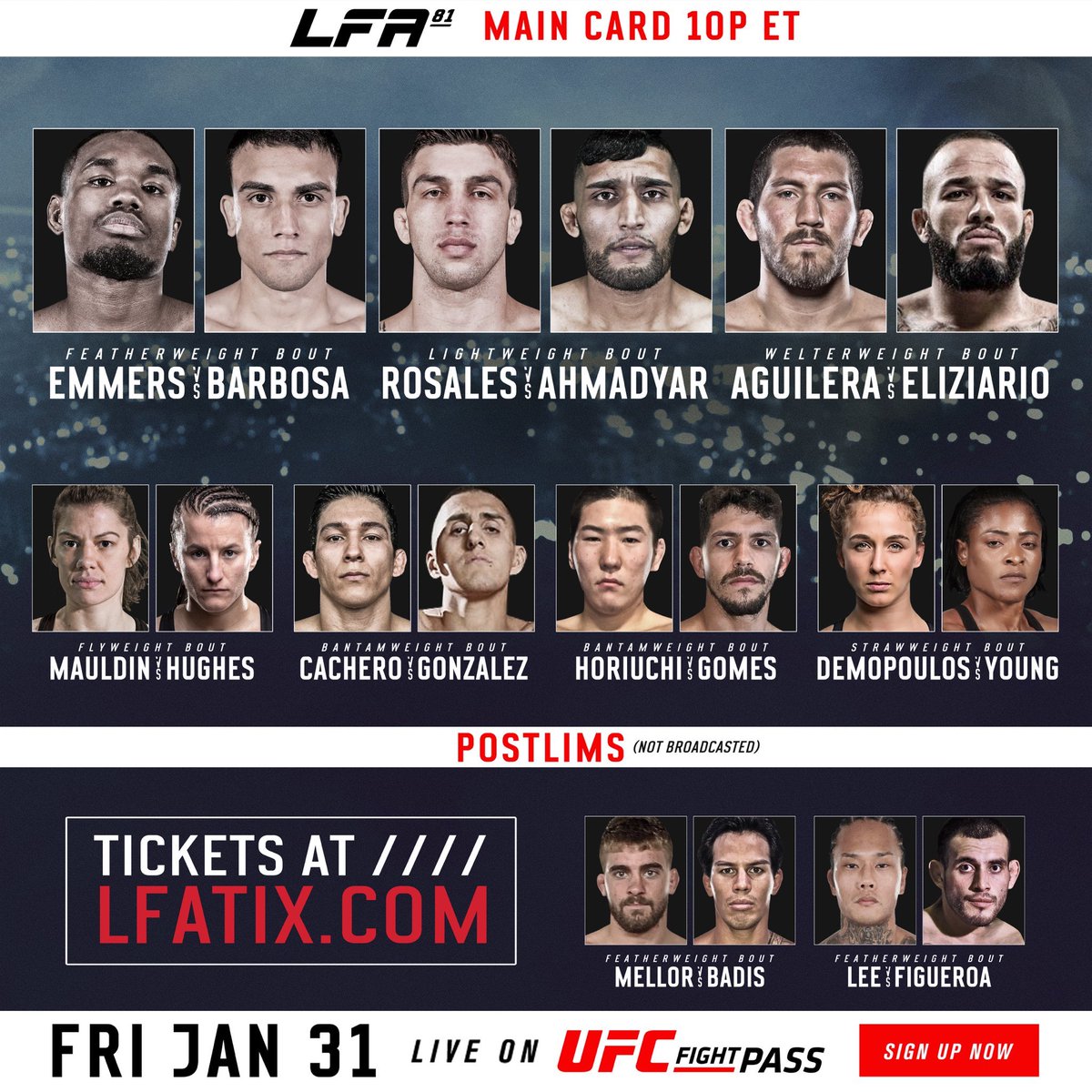 volkstyles's tweet photo. Tonight LIVE on #UFCFIGHTPASS:
8PM ET—> #RoadToM1: USA: Lombardo/Caceres
10PM ET—> #LFA81: Emmers/Barbosa https://t.co/zyXO3W867E