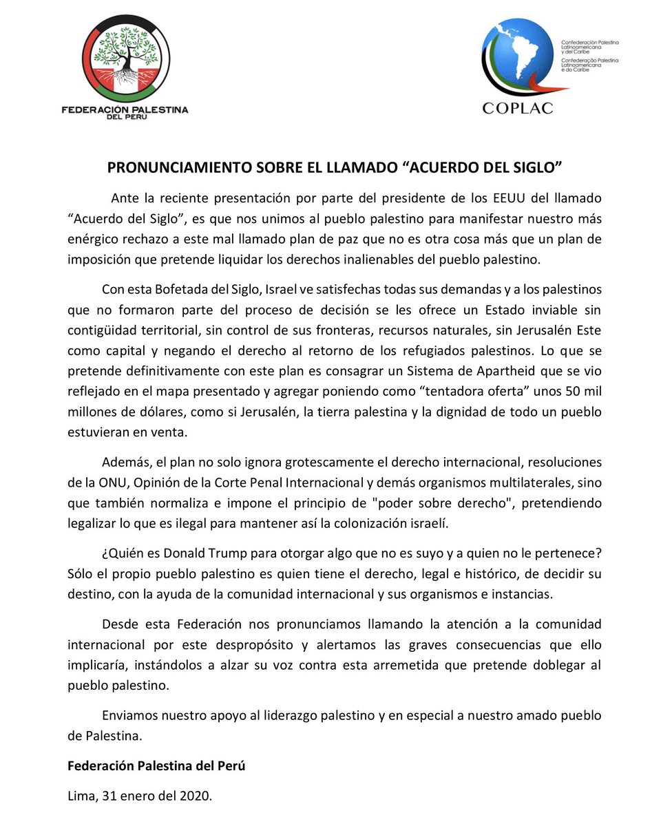 Comunidad Palestina del Perú se pronuncia sobre el mal llamada “Acuerdo del Siglo” anunciado por Trump. <a href="/CancilleriaPeru/">Cancillería Perú🇵🇪</a> @GMeza_Cuadra <a href="/presidenciaperu/">Presidencia del Perú 🇵🇪</a>