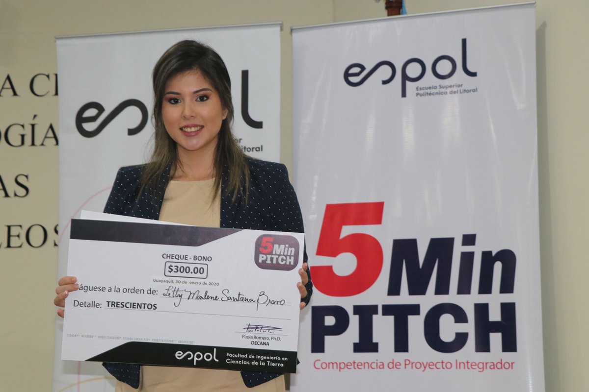 FictESPOL's tweet photo. Felicitamos a la ganadora del concurso #5MinPITCH, Letty Santana de la carrera de Ingeniería Civil, con su proyecto “An��lisis y propuesta de soluciones para el control de inundaciones en el Sector El Palmar, del Cantón Junín, Provincia de Manabí”. https://t.co/ChliiifvBm