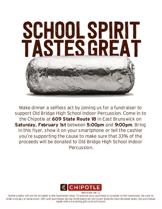 OBHSPerc's tweet photo. Tomorrow night, 5-9 pm come eat with us at @ChipotleTweets in East Brunswick. Great fundraiser for a great cause :) this will help us get out to Dayton Ohio for @WGIpercussion world championships. @obtownnj @OBSupCittadino @OBHSmusicdept https://t.co/nUtFfqZ5NK