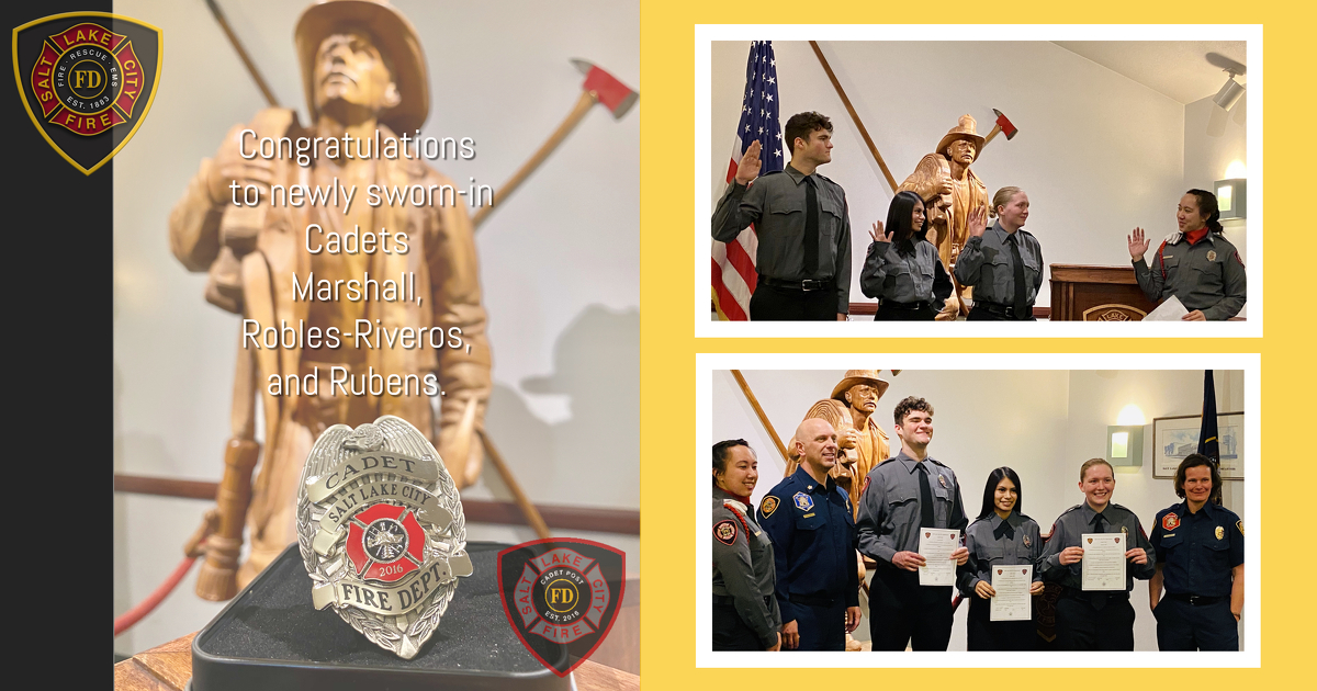 SLCFDCommunity's tweet photo. Proud to welcome the newest members of the Salt Lake City Cadet Post! Last night Cadets Marshall, Robles-Riveros, and Rubens took the oath to join the ranks of public servants. You have our full support. CONGRATULATIONS! #utahscapitalcityfire #slcfire #slcfirecadetpost https://t.co/YDaMGAwTkI