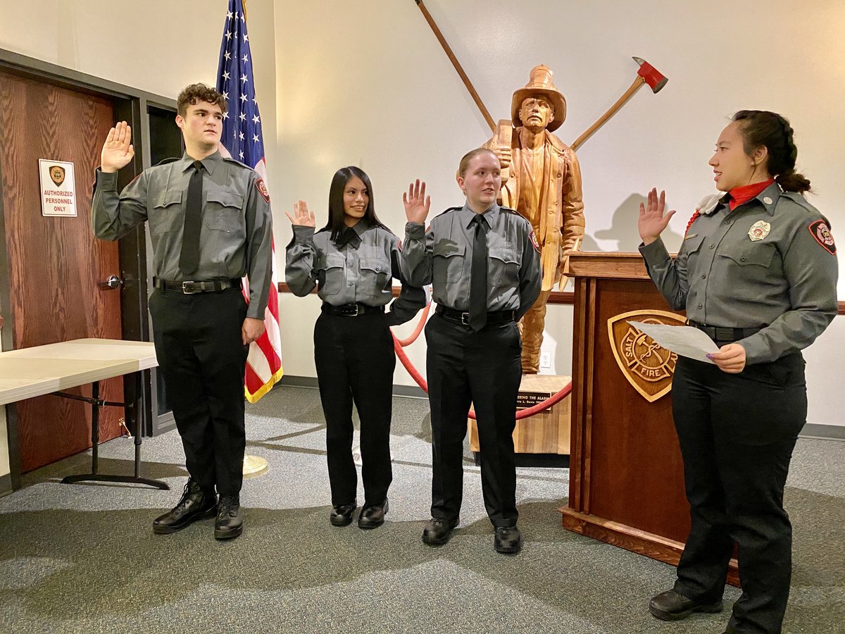 SLCFDCommunity's tweet photo. Proud to welcome the newest members of the Salt Lake City Cadet Post! Last night Cadets Marshall, Robles-Riveros, and Rubens took the oath to join the ranks of public servants. You have our full support. CONGRATULATIONS! #utahscapitalcityfire #slcfire #slcfirecadetpost https://t.co/YDaMGAwTkI