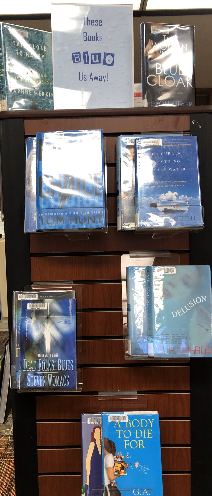 Display of books with blue titles
