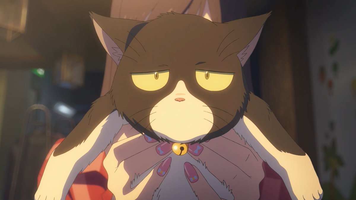 Still from animated film Weathering with You. In the close up image, a disgruntled cat with big yellow eyes is being help up into soft yellow light by an unseen woman.