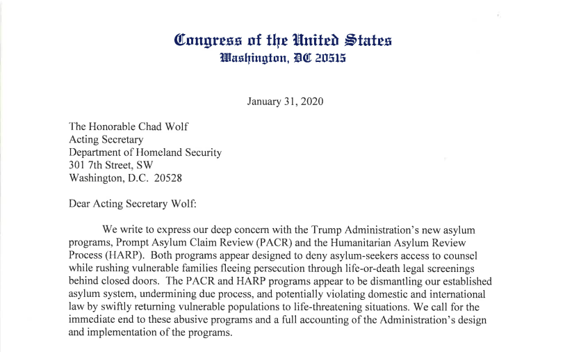 Image: A screenshot of the top half of the congressional letter sent to Department of Homeland Security  Acting Secretary Chad Wolf demanding the end to programs that don't provide asylum seekers with meaningful attorney access.